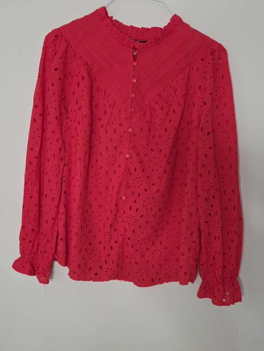 PrettyGarden Women's Red Eyelet Blouse with Ruffle Collar